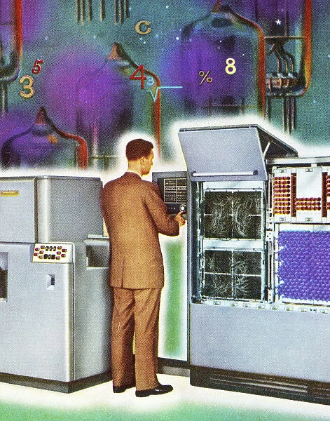 Man Working at Vintage Computer