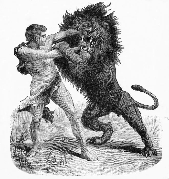 Framed Print : Man Wrestling With A Lion (Illus.) Framed Print : Man Wrestling With A Lion (Illus.)