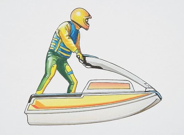 Man in a yellow helmet riding a jet ski, side view