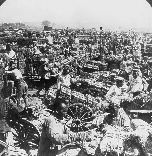 Manchuria. Stores for the Japanese troops being unloaded at Tieling in Manchuria