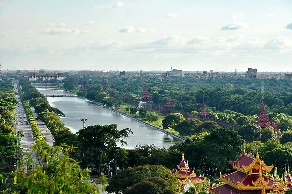 Mandalay. Landscape at Mandalay city, royal palace with stave and fortification, taken
