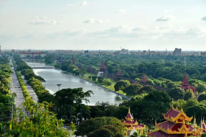Framed Print : Mandalay. Landscape at Mandalay city, royal palace with stave and fortification, taken