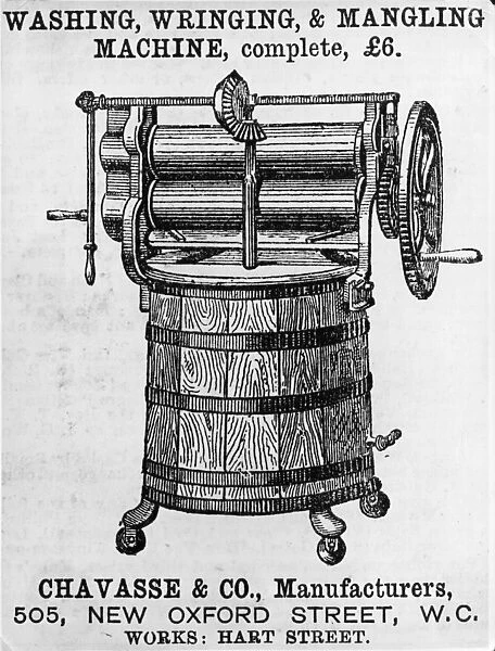 Mangle. 1874: An advertisement for Chevasse & Co.s washing, wringing and mangling machine