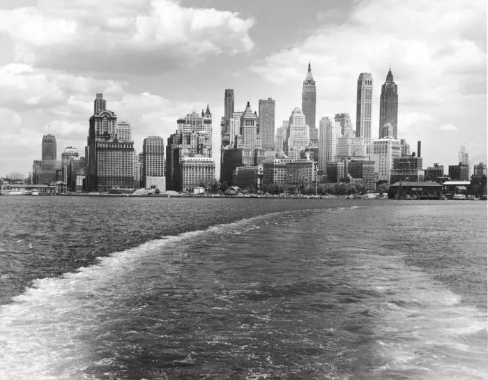 Framed Print : Manhattan City Skyline From NY Harbor, 1940s Framed Print : Manhattan City Skyline From NY Harbor, 1940s