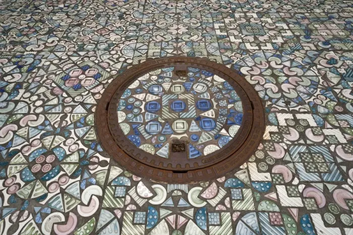 Framed Print : Manhole cover and walkway, paved with ceramic parts, Selb, Upper Franconia, Bavaria, Germany Framed Print : Manhole cover and walkway, paved with ceramic parts, Selb, Upper Franconia, Bavaria, Germany