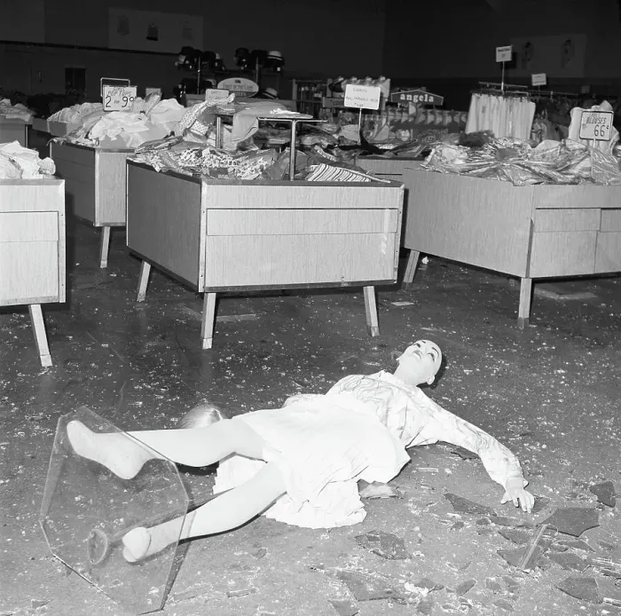 Framed Print : Mannequin on Ground After Store Looting Framed Print : Mannequin on Ground After Store Looting