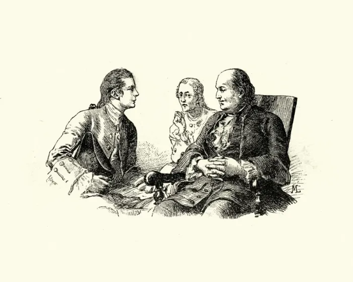 Framed Print : Manon Lescaut - Men talking, 18th Century Framed Print : Manon Lescaut - Men talking, 18th Century