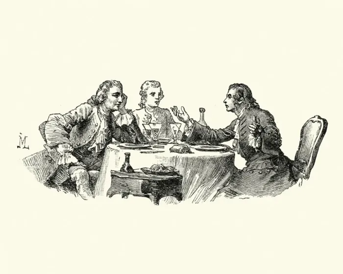 Framed Print : Manon Lescaut - Men talking over a meal 18th Century Framed Print : Manon Lescaut - Men talking over a meal 18th Century