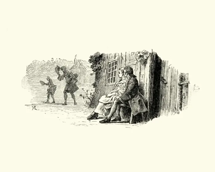 Framed Print : Manon Lescaut - Young couple sat outside their home Framed Print : Manon Lescaut - Young couple sat outside their home