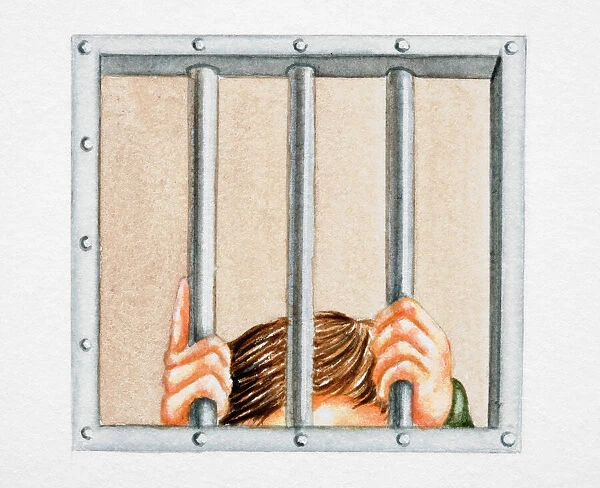 Top of mans head visible behind prison cell window as his hands grip metal bars, front view