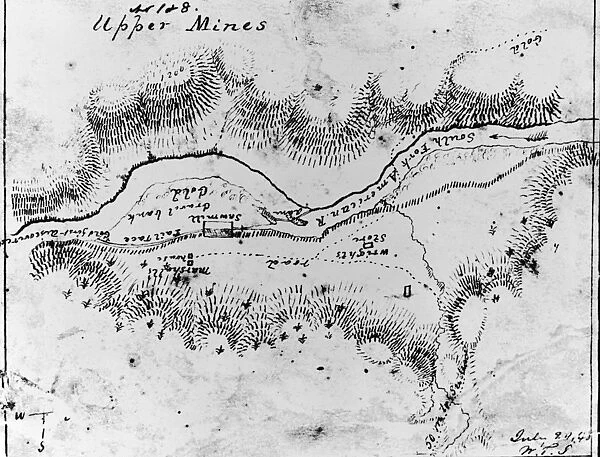Mine Map. A Photograph of a Map of Sutters Hill Showing Gold Mines circa 1840