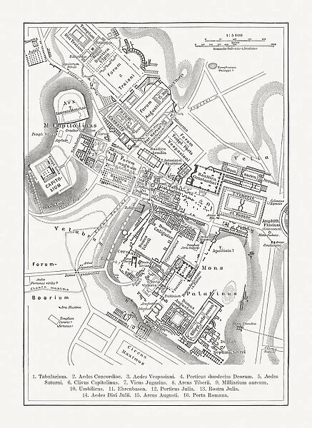 Map of the Ancient Rome, wood engraving, published in 1897