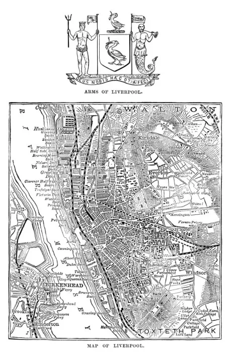 Framed Print : Map and Arms of Liverpool (Victorian engraving) Framed Print : Map and Arms of Liverpool (Victorian engraving)