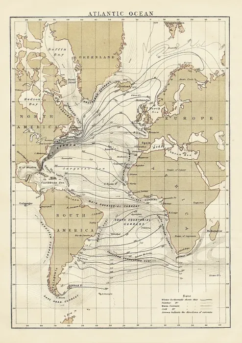 Framed Print : Map of the Atlantic Oeean 1878 Framed Print : Map of the Atlantic Oeean 1878