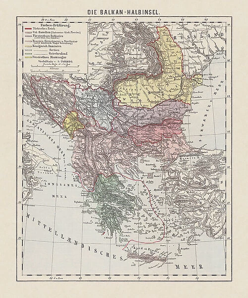 Map of the Balkan Peninsula, late 19th century, lithograph, 1893