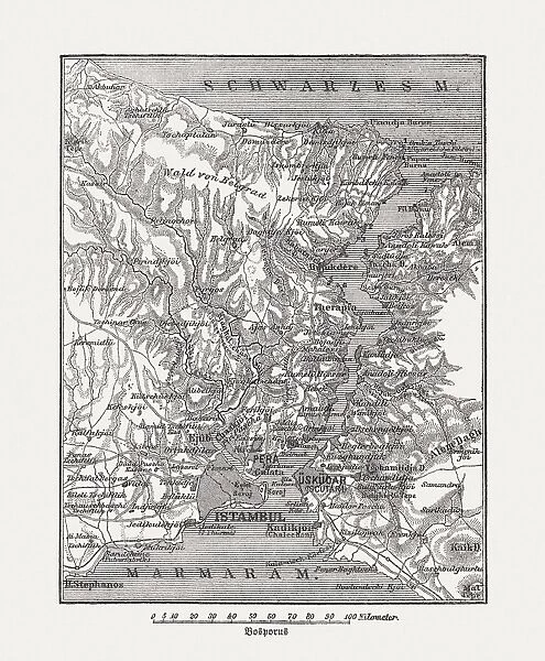 Map of Bosphorus, Turkey, wood engraving, published in 1882