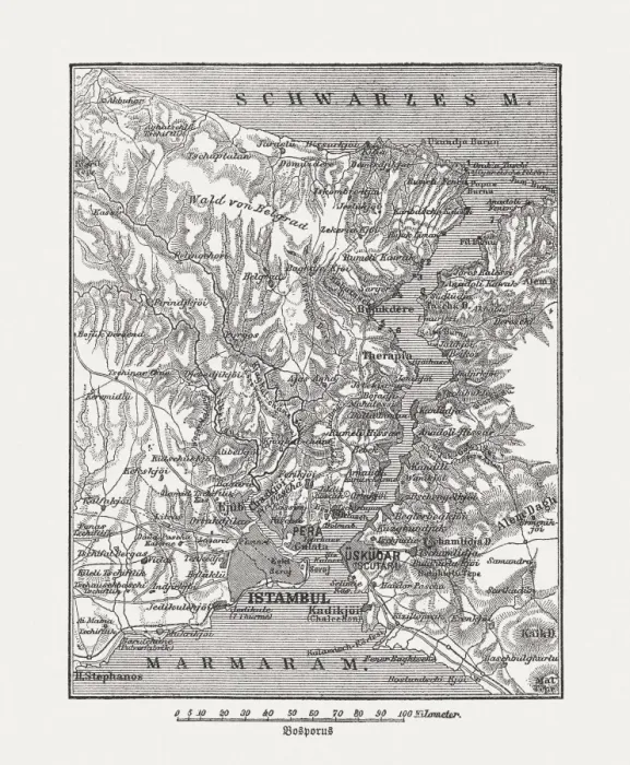 Framed Print : Map of Bosphorus, Turkey, wood engraving, published in 1882