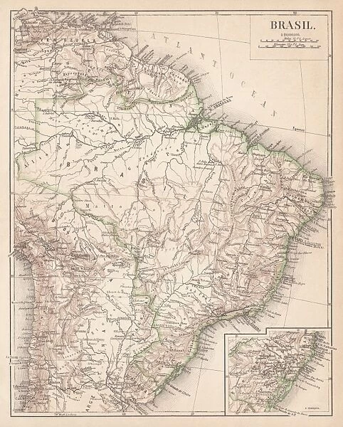 Map of Brazil. Lithograph, lithograph, published in 1874