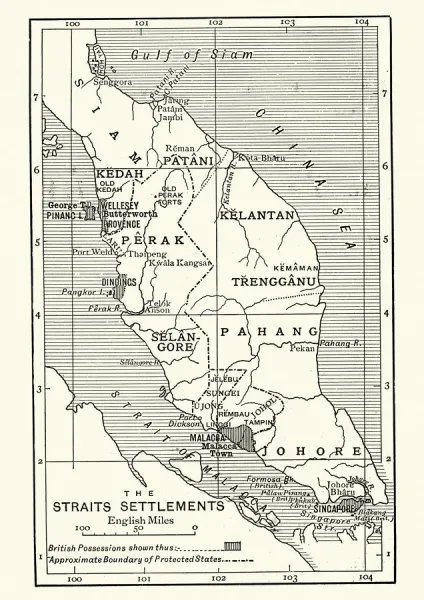 1890s Vintage Map of British Malaya and Singapore Print. Art