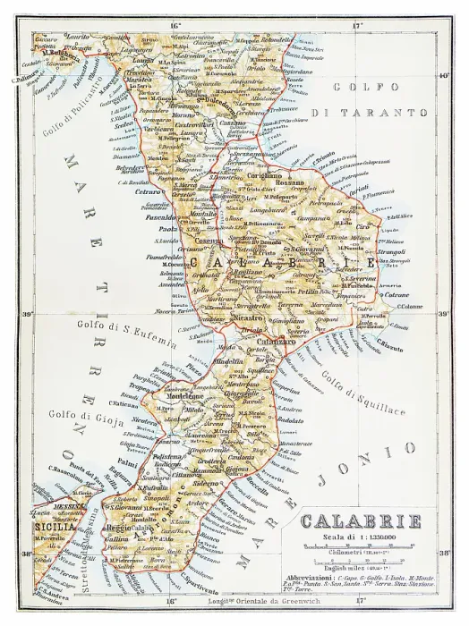 Framed Print : Map of the Calabria peninsula, Italy - 1893 Framed Print : Map of the Calabria peninsula, Italy - 1893
