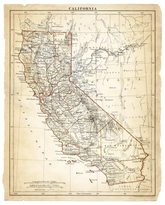 Framed Print : Map of California 1878 Framed Print : Map of California 1878