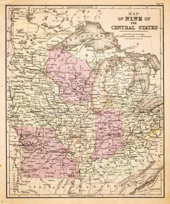 Framed Print : Map of Central States USA 1883 Framed Print : Map of Central States USA 1883