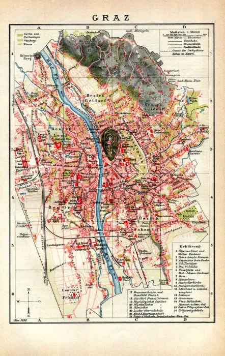 Framed Print : Map of city Graz Switzerland 1898 Framed Print : Map of city Graz Switzerland 1898