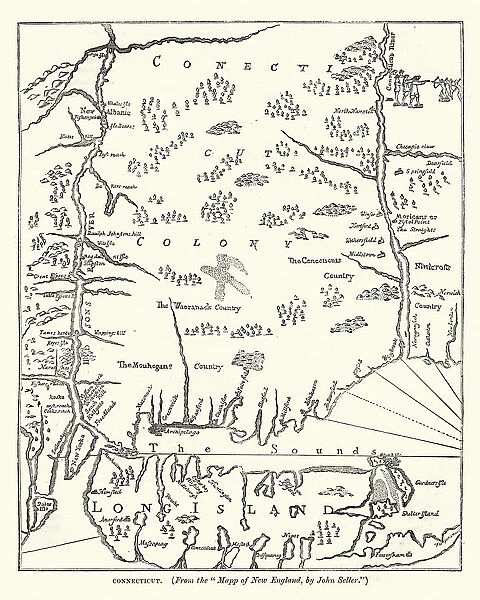 Map of Connecticut, USA, after john Seller, 17th Century