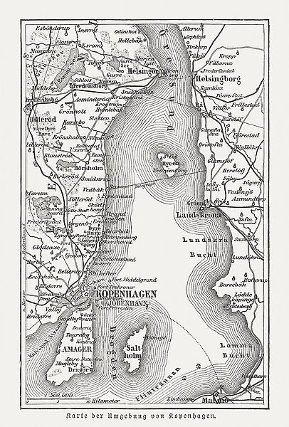 Map of Copenhagen and sourroundings, Denmark, wood engraving, published 1897