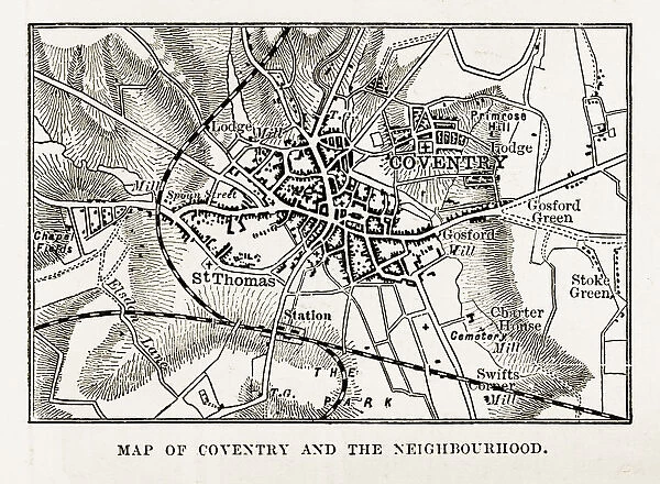 Map of Coventry in Warwickshire, England Victorian Engraving, 1840