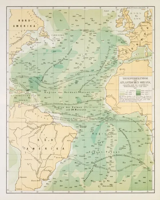 Framed Print : Map of deep Atlantic ocean 1895