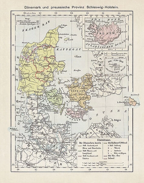 Map of Denmark, Iceland, Faroe Islands and Schleswig-Holstein. lithograph, 1893