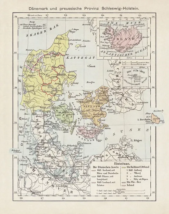 Framed Print : Map of Denmark, Iceland, Faroe Islands and Schleswig-Holstein. lithograph, 1893 Framed Print : Map of Denmark, Iceland, Faroe Islands and Schleswig-Holstein. lithograph, 1893