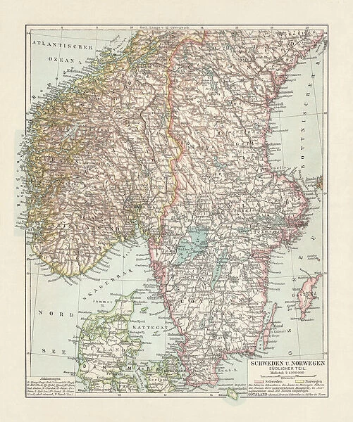 Map of Denmark, Southern Norway and Southern Sweden, lithograph, 1897