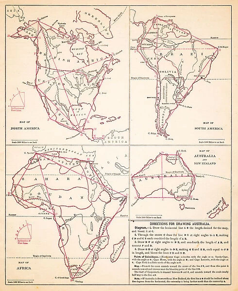 Map drawing Africa North America Australia hemispheres 1881