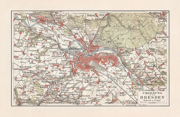 Map of Dresden and surroundings, Saxony, Germany, lithograph, published 1897