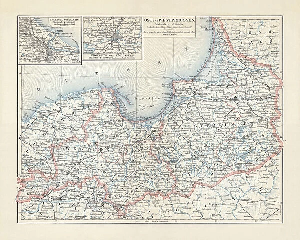 Map of East and West Prussia, Germany, lithograph, published 1897