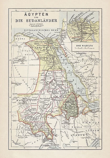 Map of Egypt, Nile Delta and Sudan, lithograph, published 1893