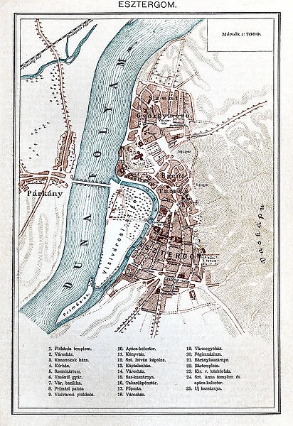 Map of Esztergom, city in northern Hungary