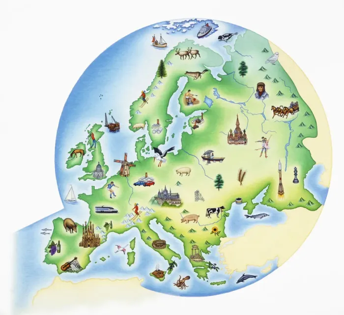 Framed Print : Map of Europe with illustrations of famous landmarks and items associated with various countries Framed Print : Map of Europe with illustrations of famous landmarks and items associated with various countries