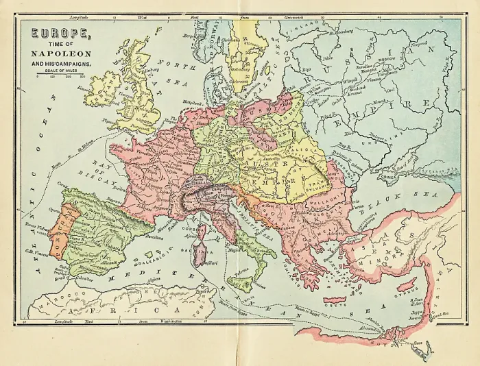 Framed Print : Map of Europe time of Napoleon and his campaigns USA 1897