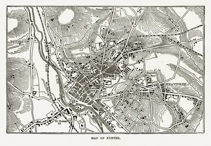 Framed Print : Map of Exeter in Devon, England Victorian Engraving, 1840