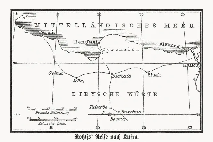 Framed Print : Map of the Gerhard Rohlfs Africa expedition, woodcut, published 1880 Framed Print : Map of the Gerhard Rohlfs Africa expedition, woodcut, published 1880