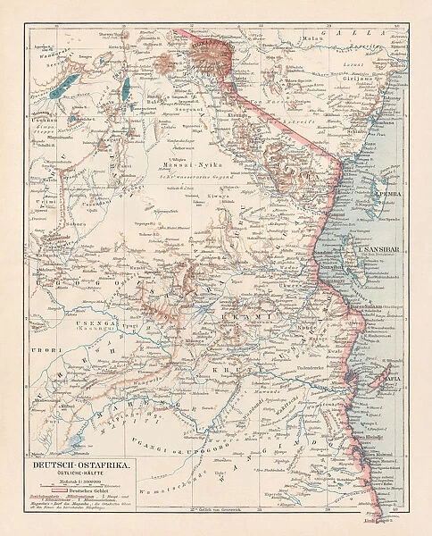Map of formerly German colony East Africa, lithograph, published 1897