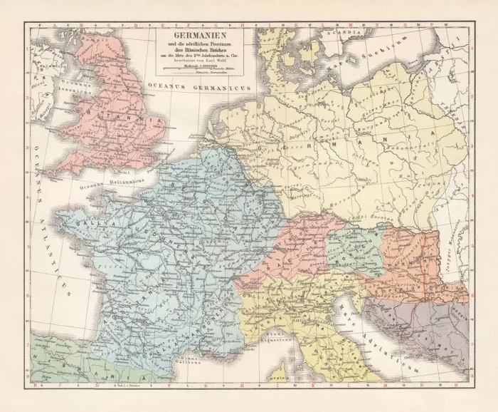 Framed Print : Map of Germannia, mid-2nd century AD, lithograph, published in 1897 Framed Print : Map of Germannia, mid-2nd century AD, lithograph, published in 1897