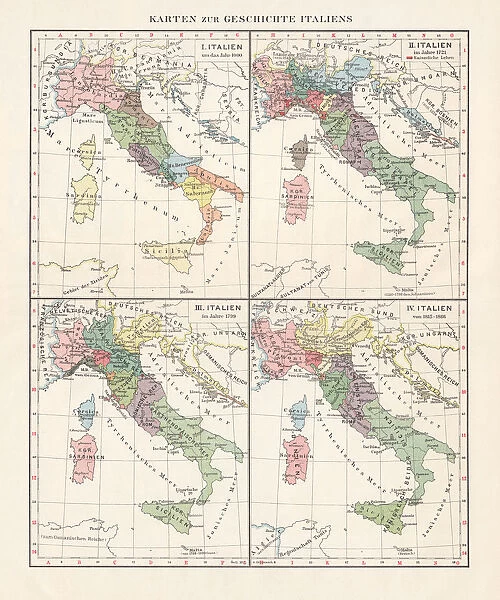 Map of the history of Italy, c. 1000-1866, lithograph, published 1897
