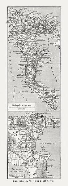Map of the island and city of Corfu, woodcut, 1897