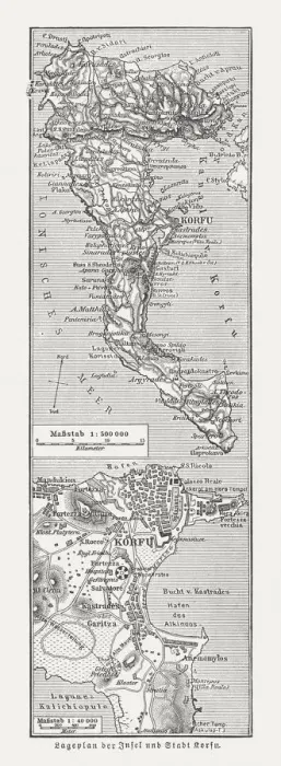 Framed Print : Map of the island and city of Corfu, woodcut, 1897 Framed Print : Map of the island and city of Corfu, woodcut, 1897