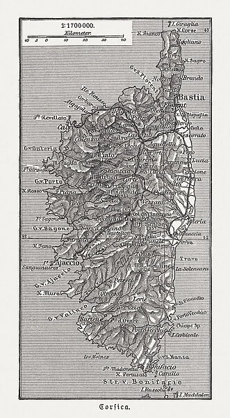 Map of the island Corsica, France, wood engraving, published in 1897