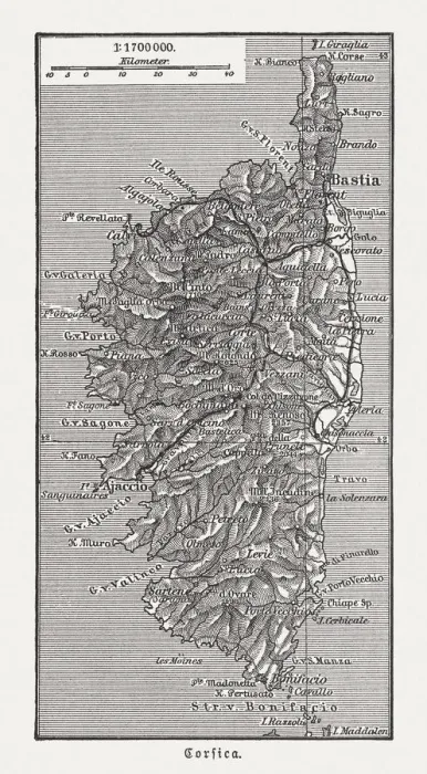 Framed Print : Map of the island Corsica, France, wood engraving, published in 1897 Framed Print : Map of the island Corsica, France, wood engraving, published in 1897